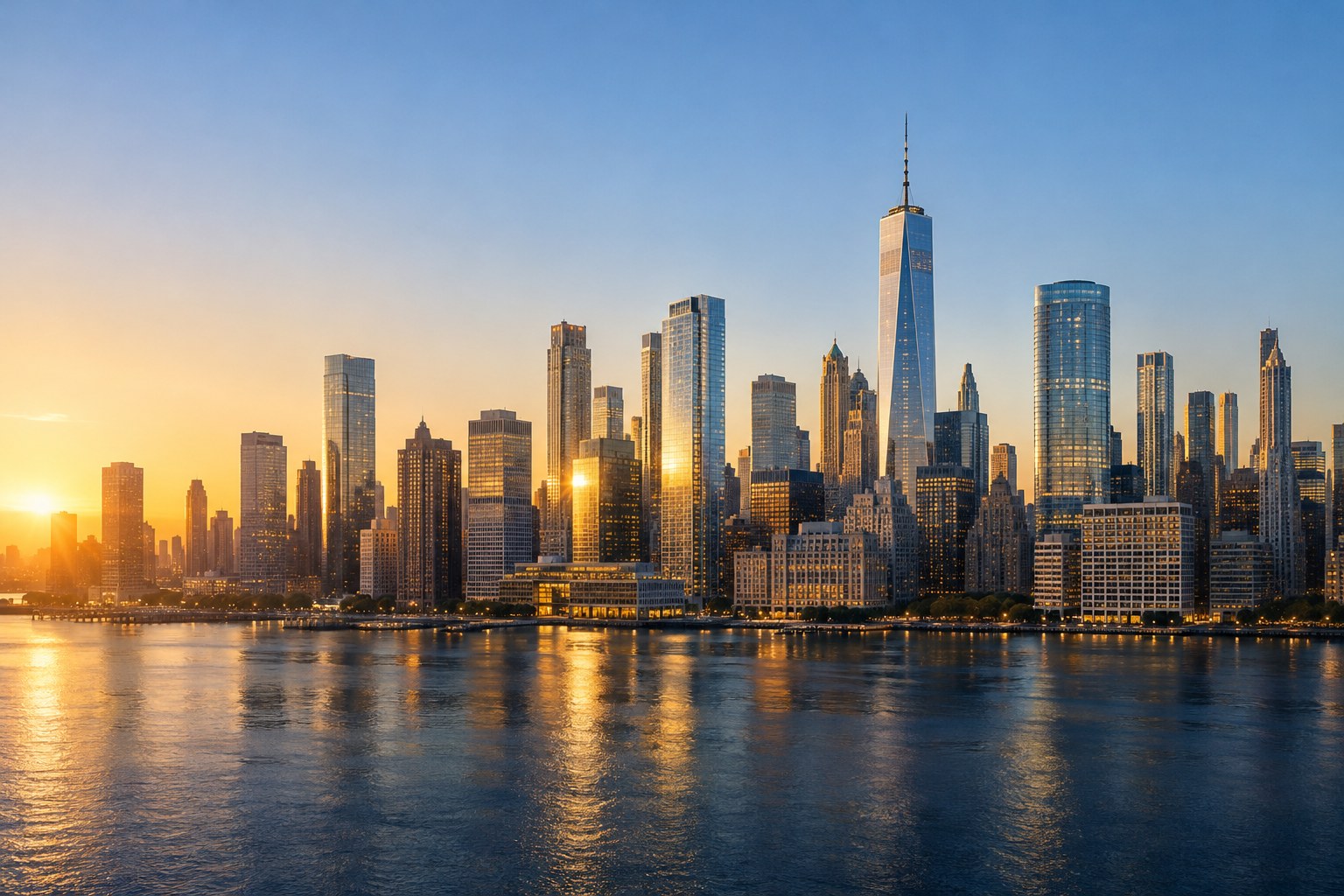 An illustrative metropolitan skyline with modern towers and warm golden reflections across the waterfront.