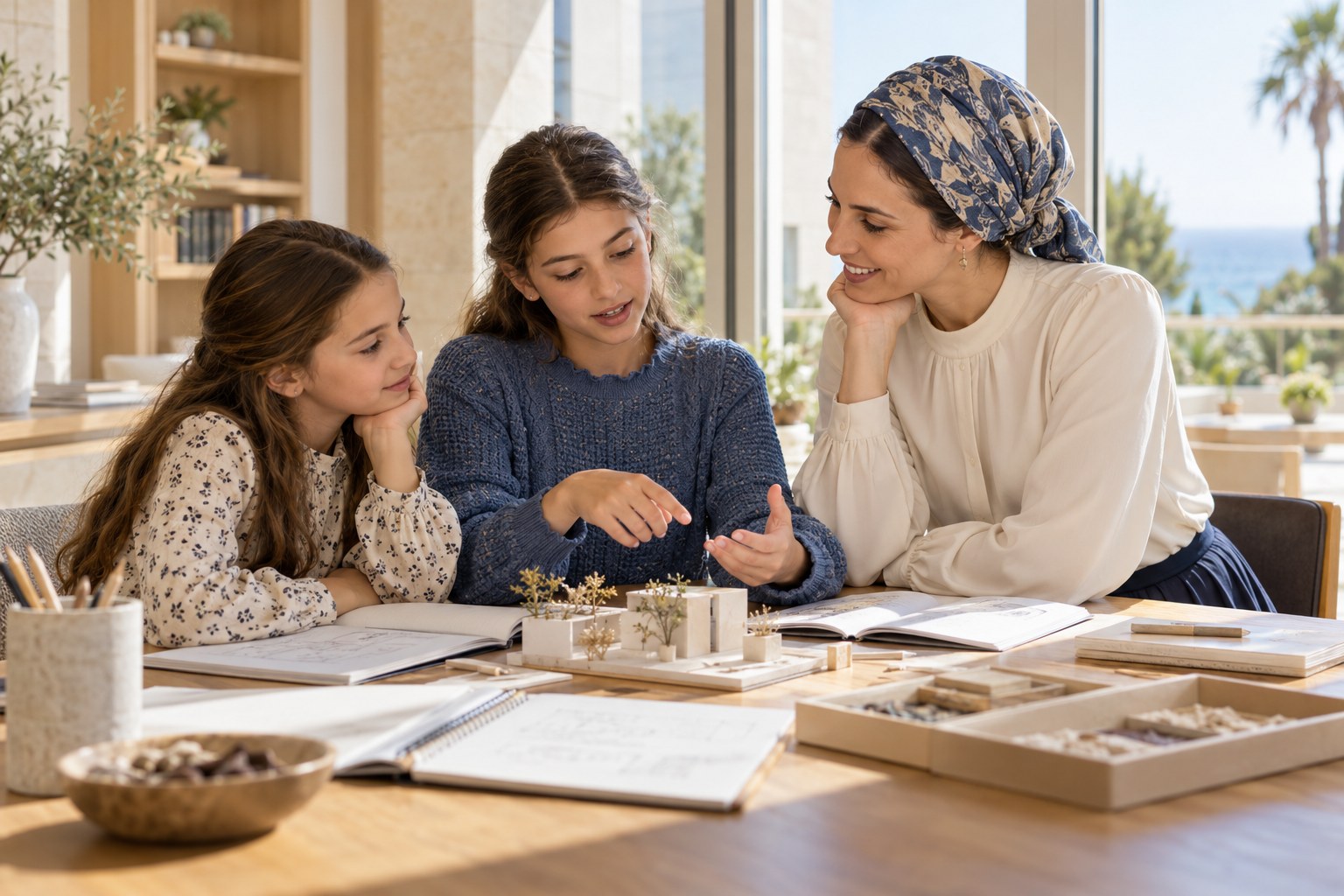 An illustrative scene of a modestly dressed Jewish woman mentoring two girls in a sunlit coastal learning space.