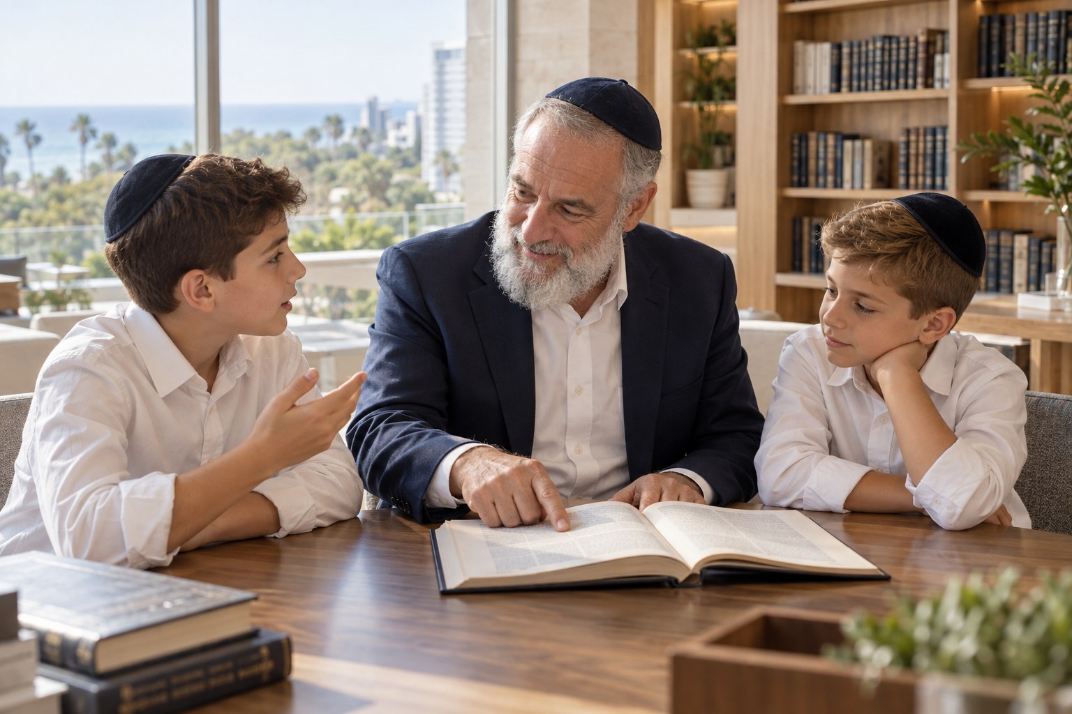 An illustrative scene of an older Jewish man and two boys wearing kippot, learning together in a contemporary coastal library.