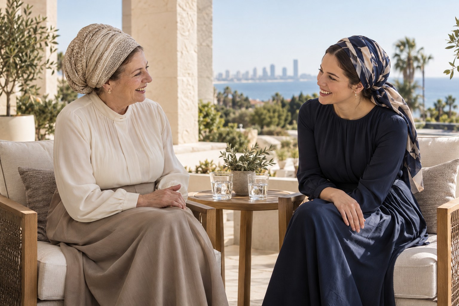 An illustrative scene of two generations of religious Jewish women enjoying a conversation on a Mediterranean-style terrace.