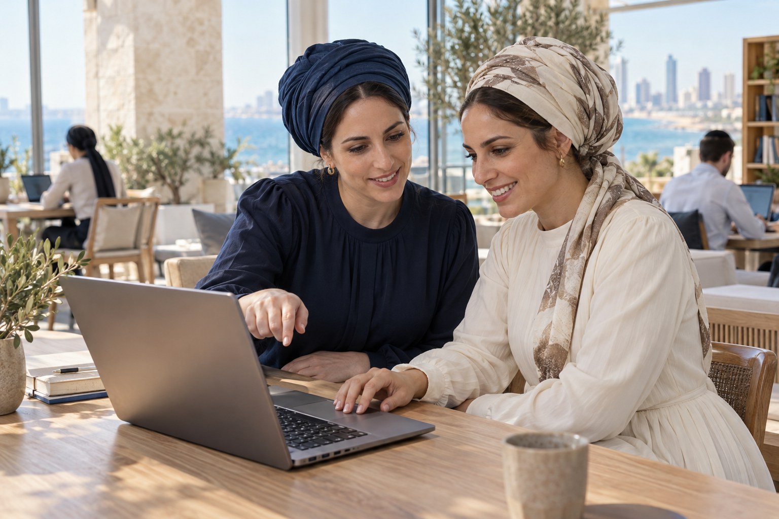 An illustrative scene of two religious Jewish women sharing practical digital skills at a laptop in a contemporary coastal workspace.