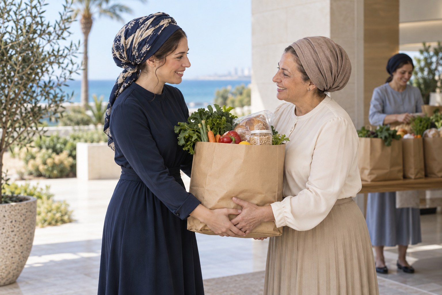 An illustrative scene of religious Jewish women sharing groceries in a refined coastal community setting.
